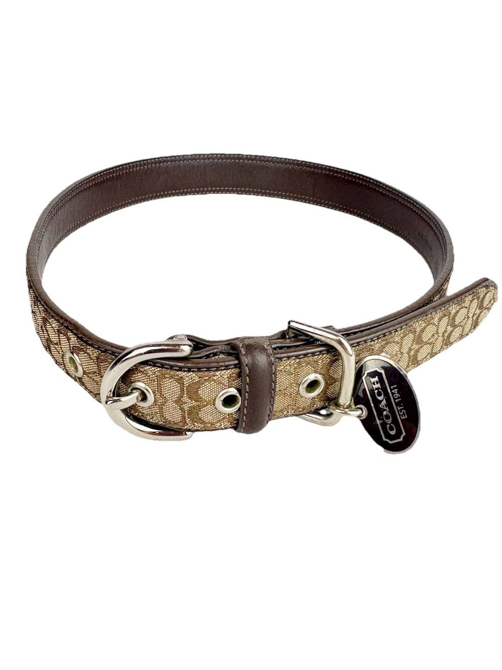 COACH Signature Khaki Mahogany EXTRA LARGE Dog Collar Engravable OVAL CHARM